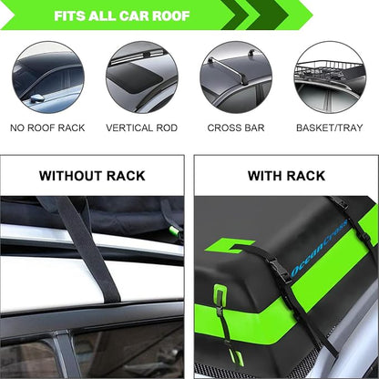 OceanCross Car Rooftop Cargo Carrier Bag, Green Rooftop top Cargo Carrier Bag 15 Cubic feet Waterproof for All Cars with/Without Rack, Includes Anti-Slip Mat, 8 Reinforcement Straps, Luggage Lock