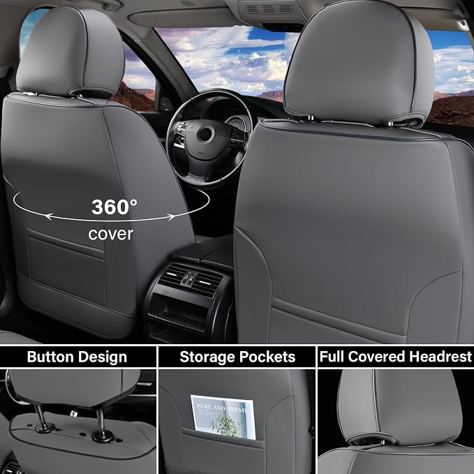 Coverado Car Seat Covers Full Set, Gray Car Seat Cover, Seat Covers for Cars, Waterproof Car Seat Protector, 5 Pieces Nappa Car Seat Cushion, Car Seat Covers Front Seats and Back Fit for Most Cars