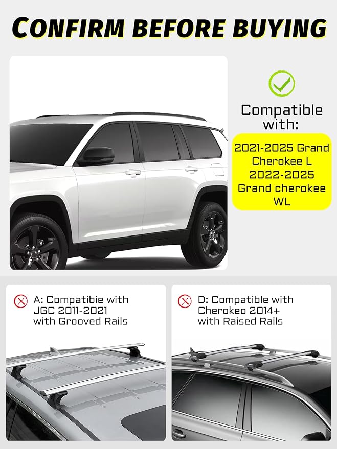 Gdydi 220lbs Roof Rack Cross Bars Compatible with Grand Cherokee L 2021-2025 and 2022-2025 Grand Cherokee WL with Anti-Theft Lock, Black Matte Aluminum Anti-Corrosion Crossbars