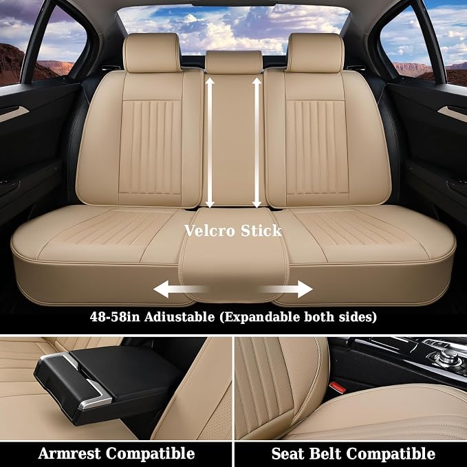 Coverado Front and Back Seat Covers for Cars, Automotive Seat Covers for Trucks, Nappa Leather Car Seat Covers, 5 Seats Waterproof Carseat Protector Car Seat Cover Beige, Universal Fit for Most Cars