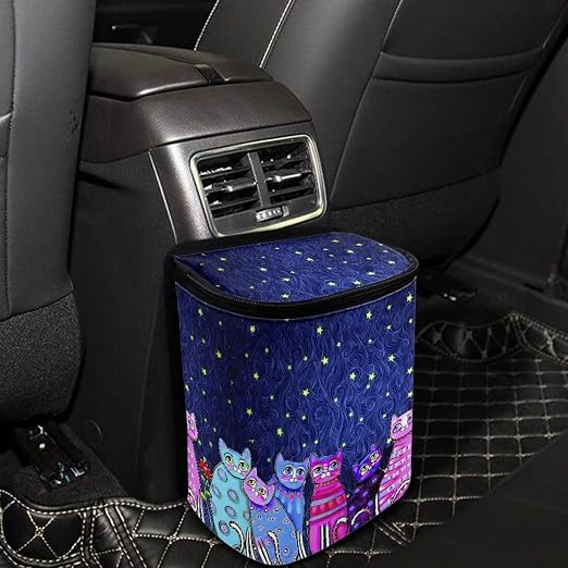 Talayituse Galaxy Cat Print Car Trash Can with Lid, Leak Proof Auto Trash Bag Hanging Vehicle Garbage Can Multipurpose Storage Container for Back Seat Road Trip