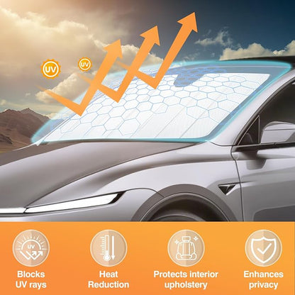 KUST Windshield Sun Shade for Tesla Model Y 2019-2024(Fit Model Y Juniper 2024 2025) Foldable Thicken Window Sunshade UV Protection Keep Cool Sunshield Sun Visor Accessories Aluminum Film