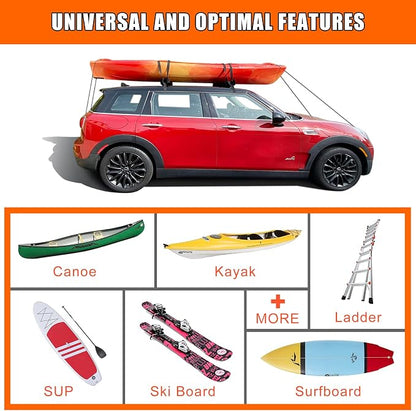 MeeFar Universal Car Soft Roof Rack Pads Luggage Carrier System for Kayak Surfboard SUP Canoe Include 2 Heavy Duty Tie Down Straps, 4 Tie Down Rope, 4 Quick Loop Strap and Storage Bag