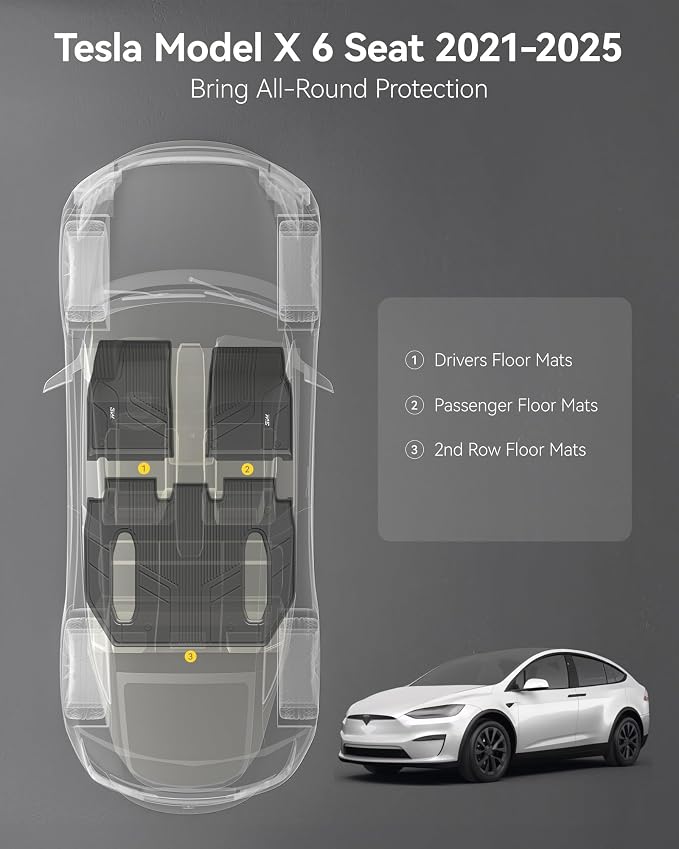 3W Floor Mats Fit for Tesla Model X 6 Seat 2021-2025 2026 All Weather TPE Custom Fit Floor Liners for 1-3 Rows Full Set Car Mats Black