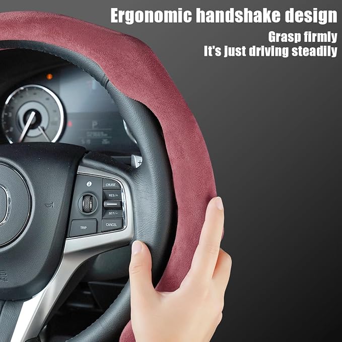 Mandark Car Steering Wheel Cover, Suede Sport Vehicle Steer Wheel Protector Fitting 15 Inch, Non-Slip Comfortable Automotive Interior Decoration Accessories, Universal for Most Cars (Wine Red)