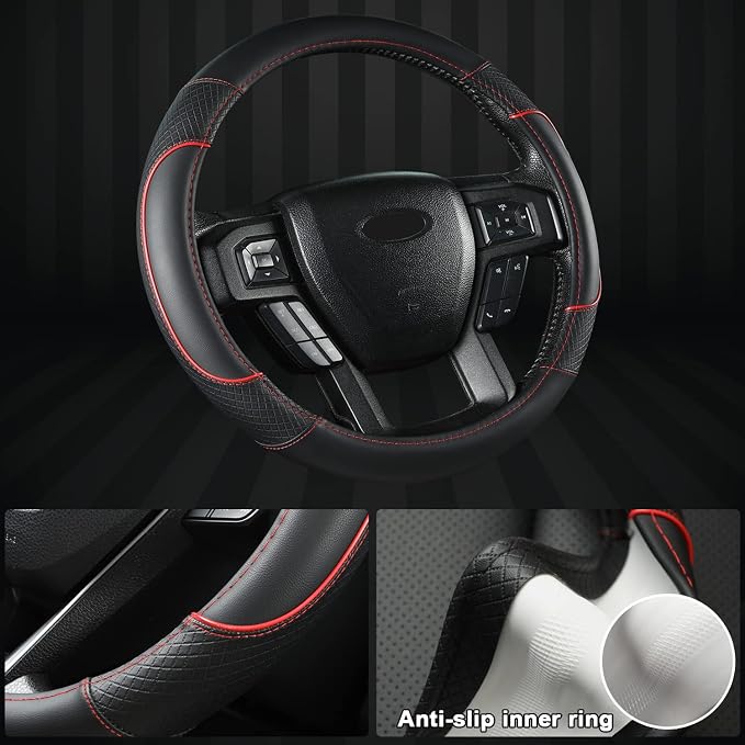 GIANT PANDA Steering Wheel Cover for Ford F150 F250 F350 Expedition - Black+Red Trim