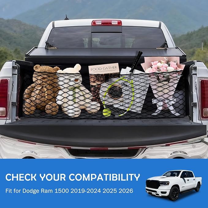 Envelope Style Truck Bed Cargo Net for Dodge Ram 1500 2019-2026 Accessories, Rear Trunk Mesh Cargo Net, Upgraded 5mm Bungee & Double-layer Nylon Storage Tailgate Netting Grocery&Tools Holder Organizer