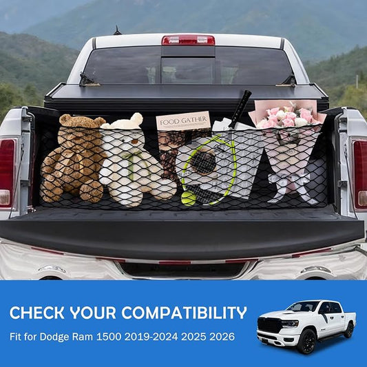 Envelope Style Truck Bed Cargo Net for Dodge Ram 1500 2019-2026 Accessories, Rear Trunk Mesh Cargo Net, Upgraded 5mm Bungee & Double-layer Nylon Storage Tailgate Netting Grocery&Tools Holder Organizer