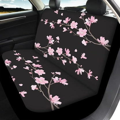 Cherry Blossom Car Seat Covers Full Set,Japanese Pink Flowers Tree Branches with Falling Petals Vehicle Front Rear Bench Cushion Protector Interior Accessories Universal Fit for Trucks Sedans