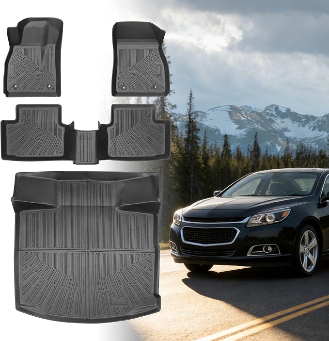 Floor Mats for Chevy Malibu 2013 2014 2015, Also for 2016 Chevrolet Malibu Limited, 8th gen Malibu Floor Mats for Malibu LS LT LTZ Eco, 1st & 2nd Row & Cargo Liner, TPE Anti-Slip Waterproof Duty