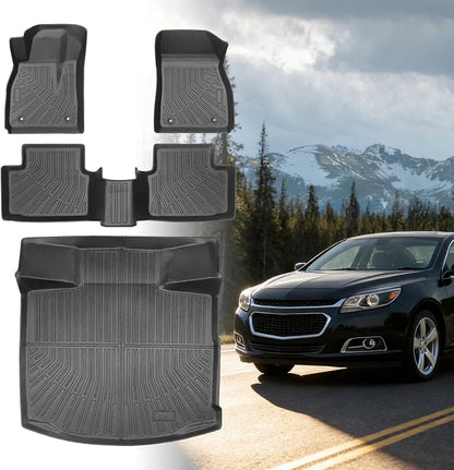 Floor Mats for Chevy Malibu 2013 2014 2015, Also for 2016 Chevrolet Malibu Limited, 8th gen Malibu Floor Mats for Malibu LS LT LTZ Eco, 1st & 2nd Row & Cargo Liner, TPE Anti-Slip Waterproof Duty