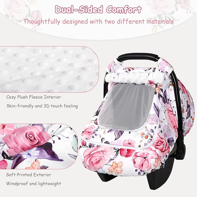 Winter Car Seat Cover Baby with Sunshade & Dual Zipper Windows - Minky Bubble Lined Windproof Soft Shell, Warm Newborn Car Seat Canopy Covers, Elastic Bottom for Stroller & Infant Car Seat, Floral