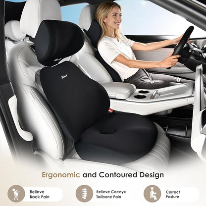 FLORICH Car Seat Cushion & Lumbar Support Pillow & Car Neck Pillow, Ergonomic Memory Foam Driving Seat Cushion for Back & Sciatica Pain Relief, Non-Slip Washable Cushion for Car, Driver, Office-Black