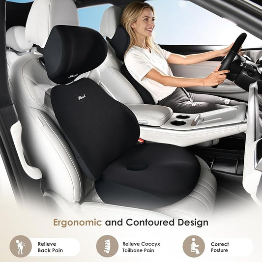 FLORICH Car Seat Cushion & Lumbar Support Pillow & Car Neck Pillow, Ergonomic Memory Foam Driving Seat Cushion for Back & Sciatica Pain Relief, Non-Slip Washable Cushion for Car, Driver, Office-Black