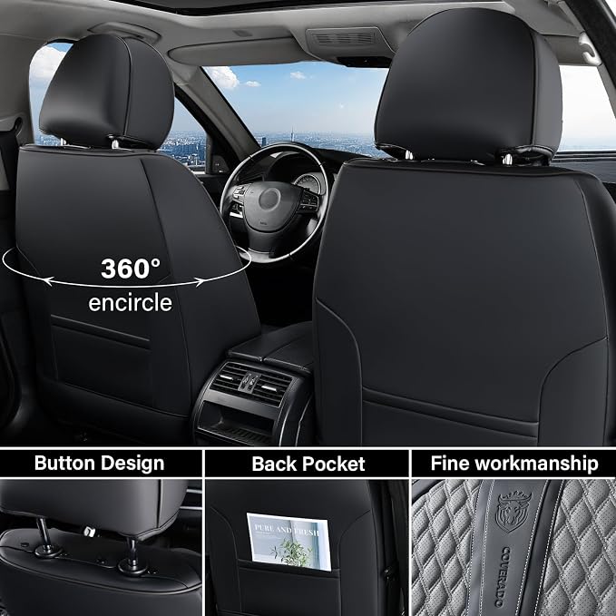 Coverado Car Seat Covers Full Set, Nappa Leather Seat Covers for Car, Waterproof Car Seat Protector with Lumbar Support, Automotive Seat Covers Universal Fit for Most Cars SUV Trucks (Black&Gray)