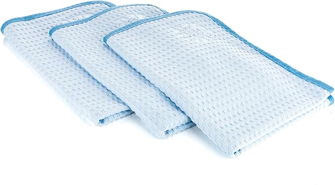 The Rag Company Dry Me A River, Professional Korean 70/30 Blend Microfiber Waffle-Weave Drying & Detailing Towels, Soft Suede Edges, 390 GSM, 16x24 Inches, Light Blue, 3-Pack