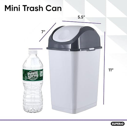 Superio Mini Desktop Trash Can with Swing Top Lid Portable Plastic Garbage Can for Countertop, Desktop, Make up Vanity, Bathroom, Car, Under Sink, Dorm Compact Waste Bin 5 L 1.25 Gal (3, Smoke/Grey)