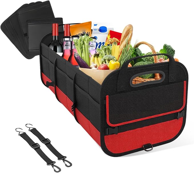 povtii Large Organizer for Car, 95L Stretchable Storage Trunk Organizer with Divided Compartments, Fixed Big Trunk Organizer with Handles & Adjustable Straps, Car Accessories (Black & Red)