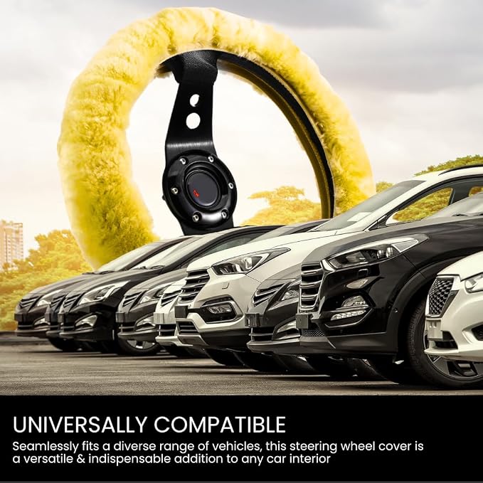 Andalus Brands Luxury Fluffy Car Steering Wheel Covers – Genuine Merino Sheepskin, Soft Fuzzy Car Steering Wheel Cover for Women, Universal 14.5-15" Size, Plush Fur Cute Auto Accessories, Lemon