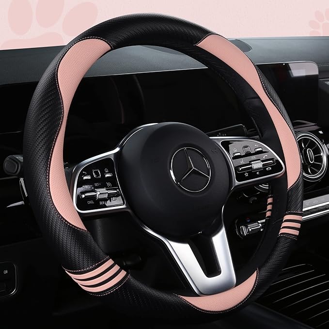 HighnessHwoo Car Steering Wheel Covers for Women Padded Carbon Fiber PU Leather Cute Auto Interior Accessories for Vehicle, Sedan, Universal, Anti Slip, Pink, Standard Size, 14.75-15.15in