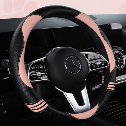 HighnessHwoo Car Steering Wheel Covers for Women Padded Carbon Fiber PU Leather Cute Auto Interior Accessories for Vehicle, Sedan, Universal, Anti Slip, Pink, Standard Size, 14.75-15.15in