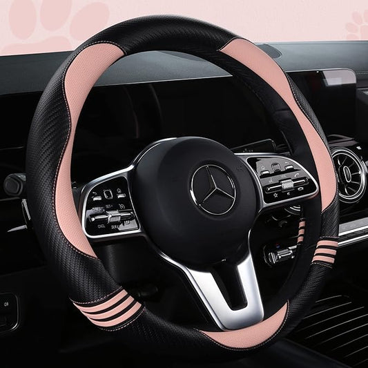 HighnessHwoo Car Steering Wheel Covers for Women Girl Padded Carbon Fiber PU Leather Cute Cartoon Auto Interior Accessories for Jeep, Truck, Universal, Anti Slip, Pink, Large Size, 15.2-16in