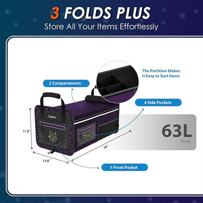 SugarFox 63L Car Trunk Organizer for SUVs & Small/Midsize Cars - Fluorescent Design, Waterproof, Collapsible with Adjustable Straps (Purple-M004)