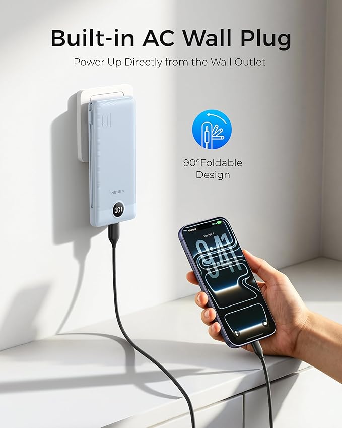 VEGER Portable Charger Power Bank with Built-in AC Plug and Cables, All in One 10000mAh Ultra Slim Travel Essentials, Fast Charging Battery Pack Compatible with iPhone, Samsung, Android (Blue)