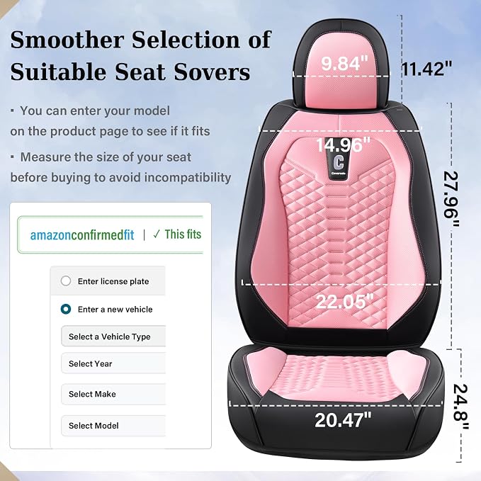 Coverado Front Seat Covers, 2 PCS Pink Seat Cover for Cars, Breathable Fabric& Faux Leather Seat Cover, Driver Seat Cushion, Car Seat Protector Universal Fit Most Cars, Trucks, SUV