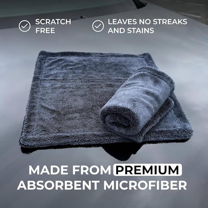 1200GSM Microfiber Car Drying Towel, Double-Twist Loop, Ultra-Absorbent, Quick-Dry, Lint- & Streak-Free, Scratch-Safe, for Car Wash & Detailing (1 Pack) (Dark Grey, 16" x 16")