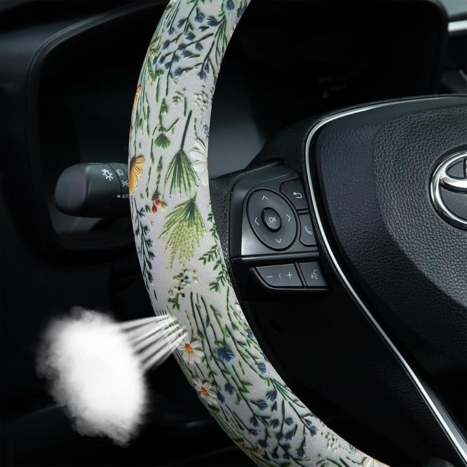 Faux Embroidery Flowers Steering Wheel Cover Auto Steering Wheel Protector, Anti-Slip, Breathable, Absorbing Sweat, Universal Floral Car Accessories 14.5–15 inch,Fit for Most Car, Trucks, SUV