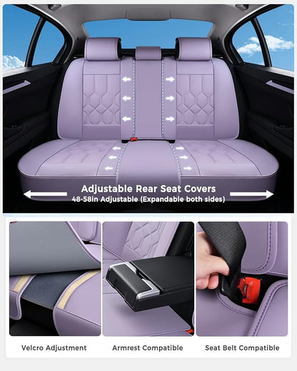 Huidasource Leather Car Seat Covers Full Set, Full Coverage Universal Fit for Most Cars SUVs Trucks, Easy Install with Velcro, Airbag Compatible, Retains Seat Functions & Cupholders, Purple