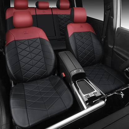 CAR PASS Memory Foam Leather Seat Covers Full Set, Breathable Perforated Nappa Leather Seat Covers Universal Fit for Most Sedans,SUV,Trucks Thick 3D Foam Comfort, Airbag Compatible Black Burgundy Red