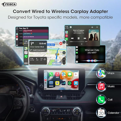 Wireless Carplay Adapter for iPhone, Convert Wired to Apple Carplay Wireless Adapter, Mini Size, Plug and Play, Connection Stable No Delay Car Play for Toyota Specific Models
