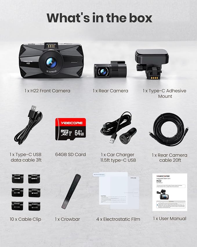 4K Dash Cam Front and Rear, Built-in WiFi GPS, 3" IPS Screen, HDR Night Vision Dash Camera for Cars, G-Sensor App Control, Emergency Lock, Accident Record, Parking Mode, Support 512GB Max
