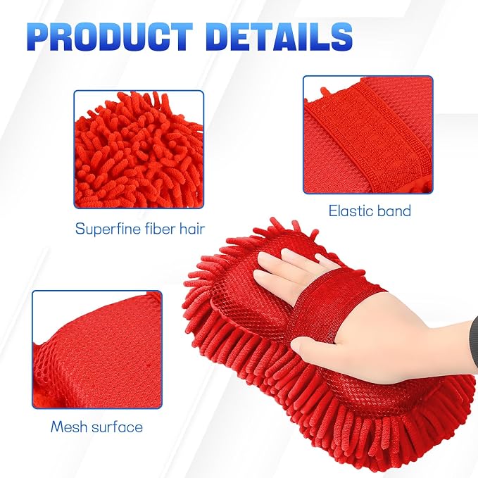 2PCS Microfiber Car Wash Sponge, Double Sided Chenille Microfiber Car Wash Mitt, Scratch Free & Lint Free, Absorbent Automotive Washing Sponges, Auto Cleaning Supplies (Red)