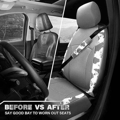 CAR PASS Cow Print Faux Leather Car Seat Covers & Cow Car Mats & Cow Steering Wheel Cover Seat Belt Pads Universal fit for SUV,Van,Saden,Truck Cute Car Accessories Automobile Interior Sets All Gray