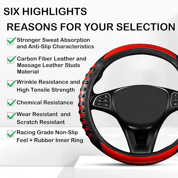 3D Massage Red Carbon Fiber Leather Steering Wheel Cover, 14.5-15 Inch Non-Slip Breathable Microfiber Car Steering Wheel Protector