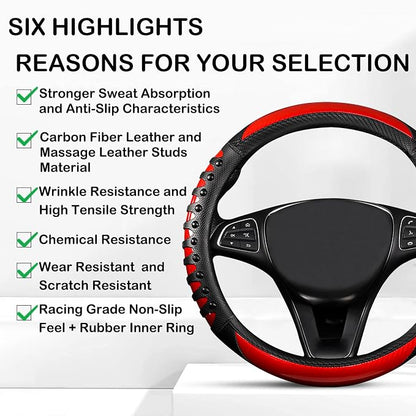 3D Massage Red Carbon Fiber Leather Steering Wheel Cover, 14.5-15 Inch Non-Slip Breathable Microfiber Car Steering Wheel Protector
