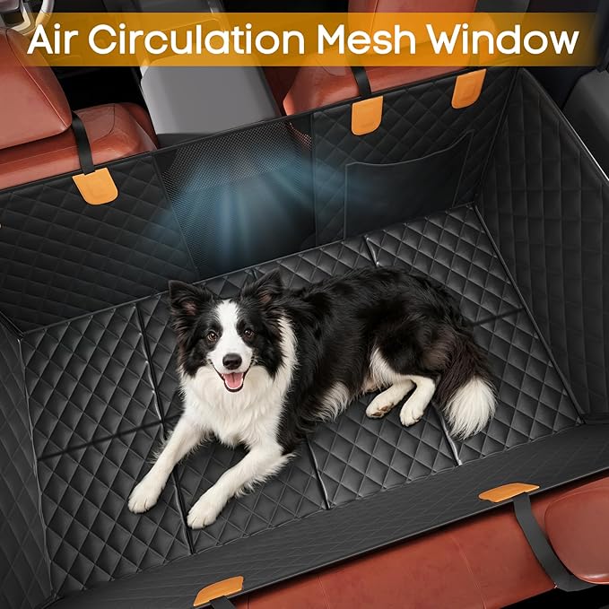 PETICON Back Seat Extender for Dogs, Hard Bottom Pet Seat Cover - Supports 400lbs, Waterproof Rear Seat Cover with Mesh Window for Ford/GMC/Chevrolet/Toyota/RAM Crew Cab Trucks&Full-Size