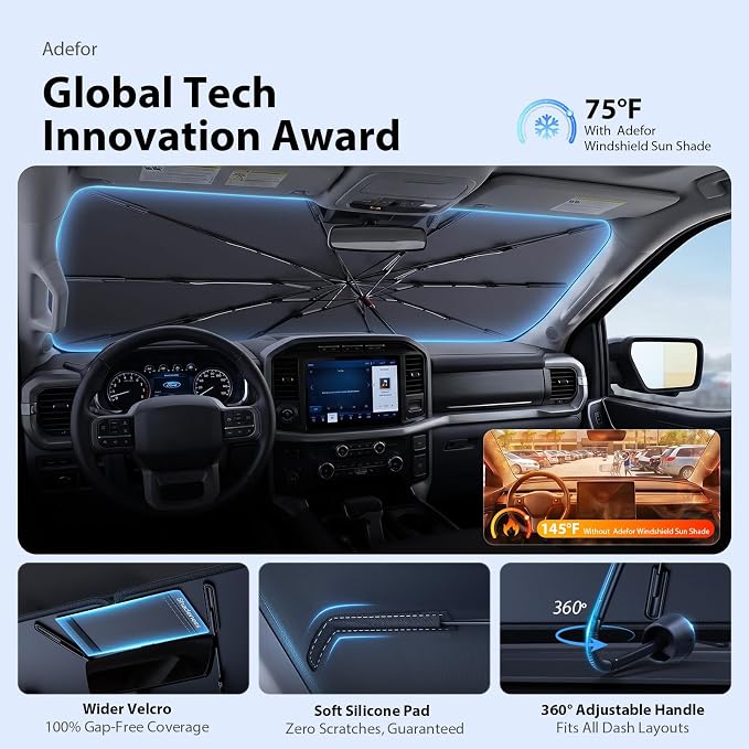 2026 Upgraded Windshield Sun Shade Umbrella for Ford-Transit-150 [Precision Custom Fit, Superior UV & Heat Block] Cooling Tech Fabric, Durable Foldable with Storage Bag, Fits 2015-2025