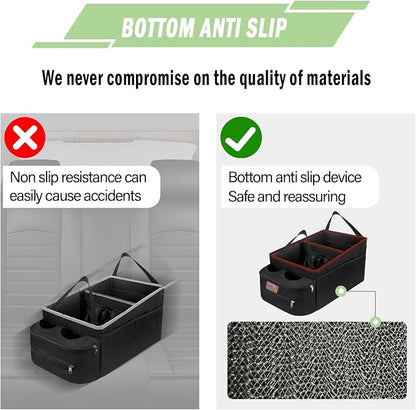 FUNNy elf Car Seat Organizer - Passenger Seat Organizer, Collapsible Car Storage with Partitions & 4 Cup Holders for Front Seat or Back Seat (Red)