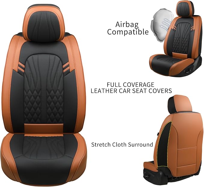 MINGBRON Car Seat Covers Front Seats, Car Seat Protector Waterproof, Car Seat Cushion Nappa Leather, Driver Seat Cover Brown Carseat Cover Universal Fit for Most Cars Brown&Black