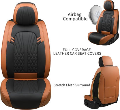 MINGBRON Car Seat Covers Front Seats, Car Seat Protector Waterproof, Car Seat Cushion Nappa Leather, Driver Seat Cover Brown Carseat Cover Universal Fit for Most Cars Brown&Black