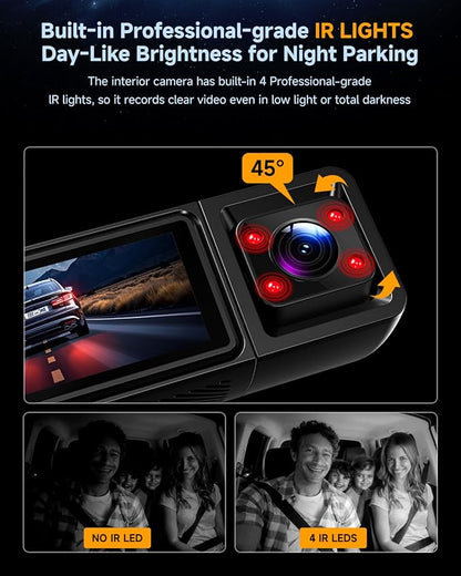 3 Channel Dash Cam, Dash Cam Front and Rear Inside, 5.8GHz WiFi Built-in GPS, Free 64GB Card, 3.2" IPS Screen, 4k Dash Camera for Cars, IR Night Vision, 24H Parking Mode, G-Sensor