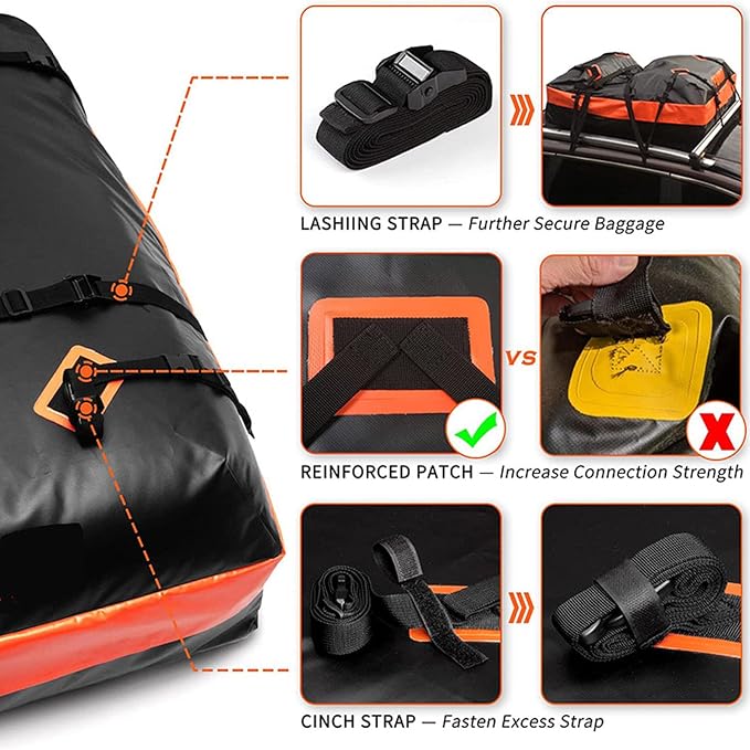 Durable Car Rooftop Cargo Carrier Bag, Universal Fit for All Vehicles with or Without Rack, Includes Non-Slip Mat, Luggage Lock, 4 Door Hooks, Storage Bag
