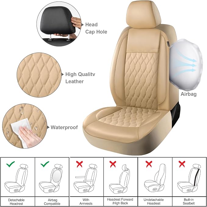 CAROMOP Faux Leather Car Seat Covers Full Set,Luxury and Comfortable Covers for Cars,Split Bench Compatible Car Interior Covers,Universal Fit for Suvs,Vans,Trucks,Airbag Compatible(5-Seat Beige)