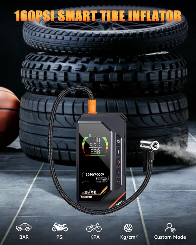 5000A Jump Starter with 160PSI Air Compressor, 88.8Wh Portable Tire Inflator, LED Display for 10.0L Gas and 9.0L Diesel, 12V Portable Jump Box with LED Light (Black)