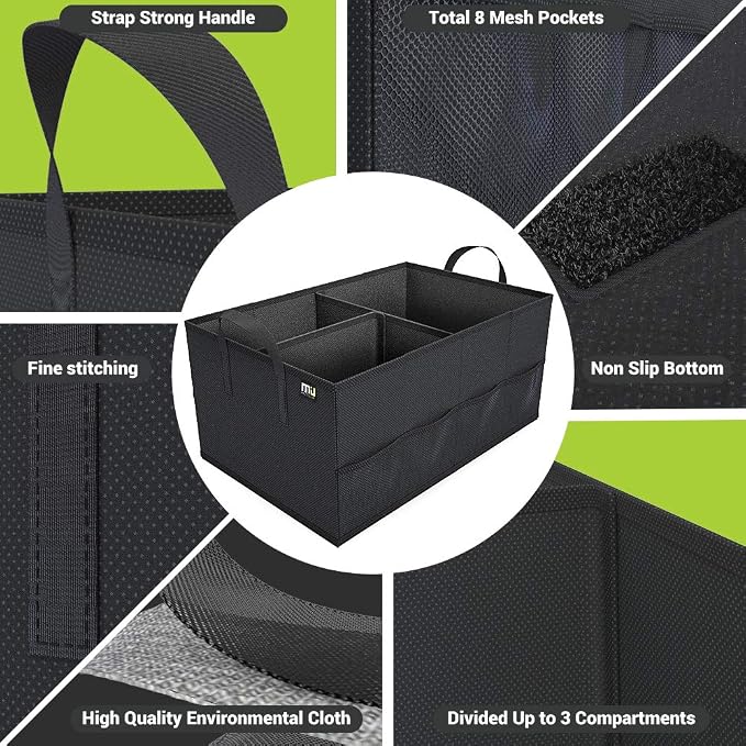 MIU COLOR Trunk Organizer for Car, Car Organizer, 8 Mesh Pockets Trunk Organizer for SUV, Non-Slip Bottom, Storage Organizer for Sedans, Van, Jeep, Grocery, 2 Compartments, Black 22"x13"x11"