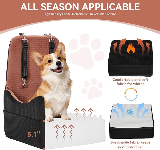 PETSFIT Dog Car Seat for Small/Medium Dogs Up to 35 lbs – Patented Safety System, 5" Memory Foam Pet Booster Car Seat, Fully Detachable and Washable Dog Carseat with 2 Storage Pockets (Black/Brown)